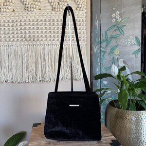 90s Vintage Necessities Black Velvet Long Double‎ Handle Square Shoulder Bag